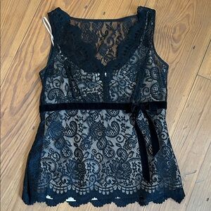 LOFT Black Lace Sleeveless Blouse with Velvet Tie